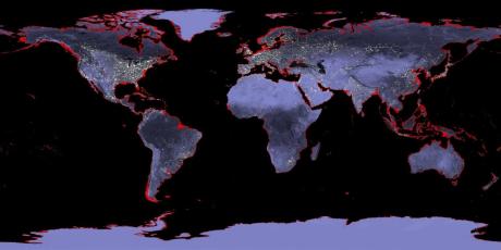 This is a map of the Earth with a 6-meter sea level rise represented in red. A new Stanford study says that the sea level rise associated with a warming world may not be as high as predicted. CREDIT NASA
